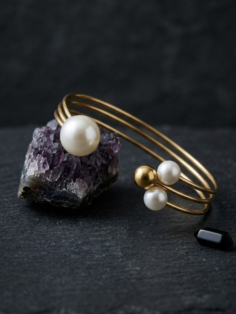 Faux Pearl Open Cuff Bracelet 14K Gold Plated Stainless Steel Stud Earrings Set - Picture 13 of 15